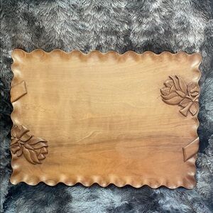 Vintage Carved Wooden Tray with Floral Design